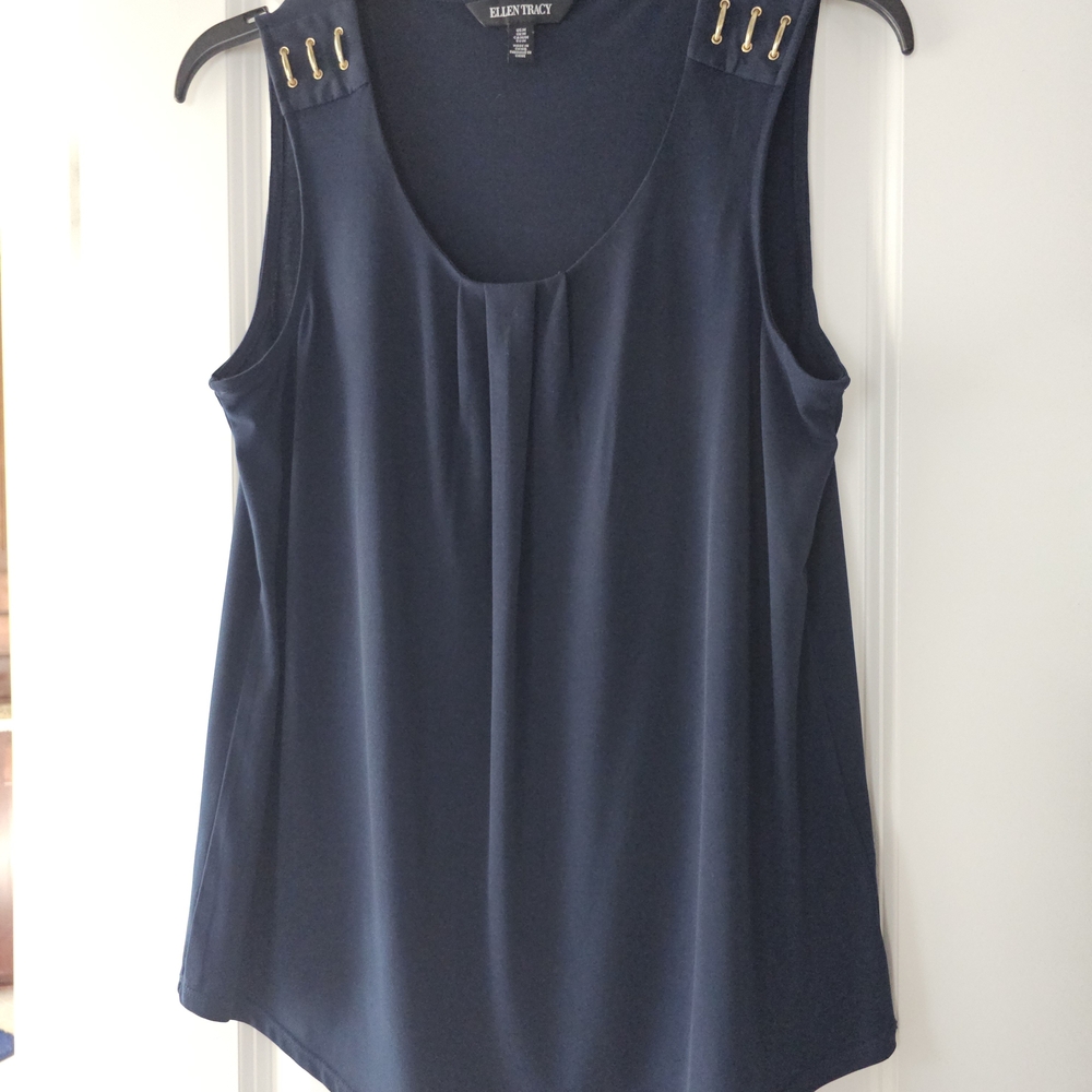 Ellen Tracy Dark Blue Sleeveless Top with Gold Accents